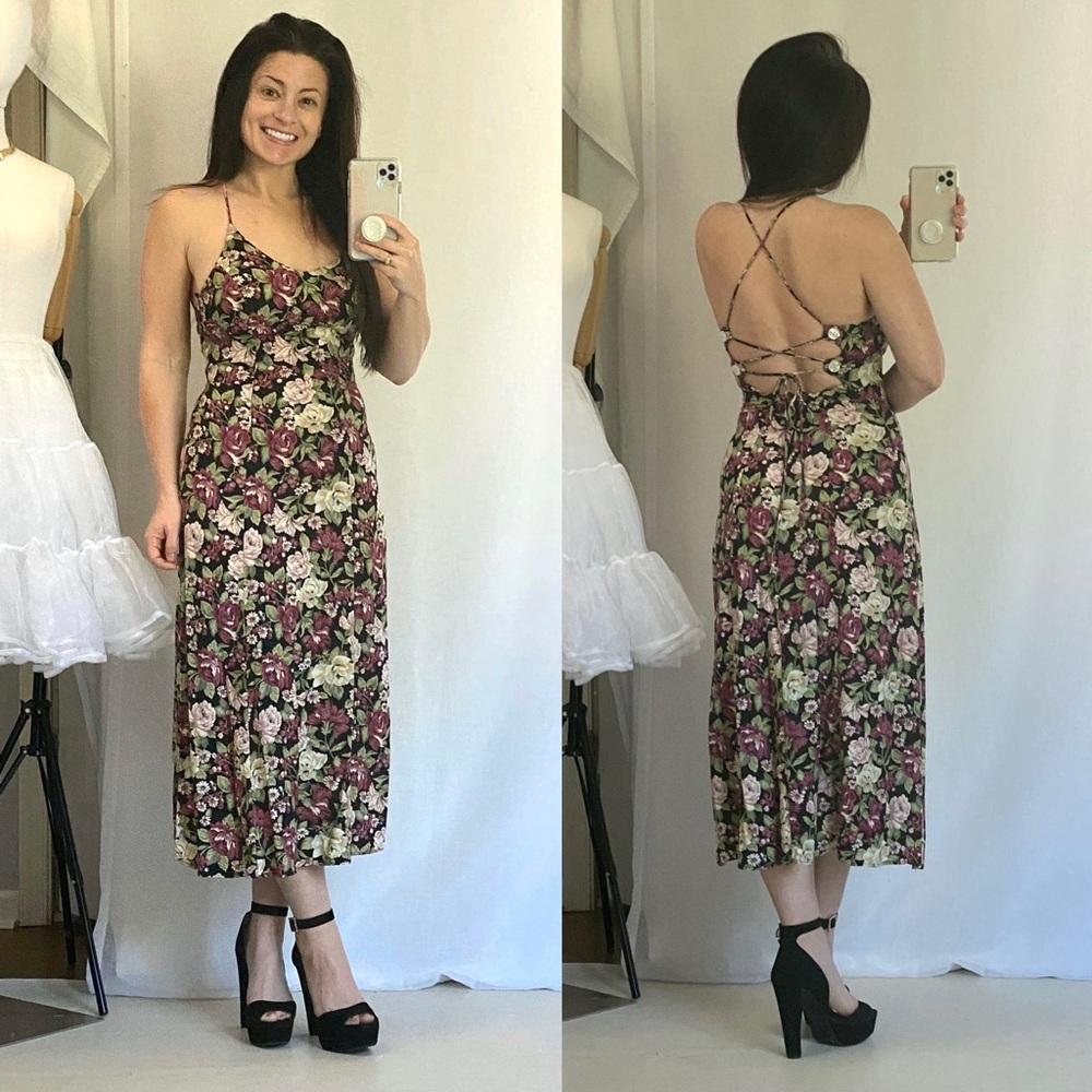 90s true vintage floral midi sundress with lace-up back, XS extra small